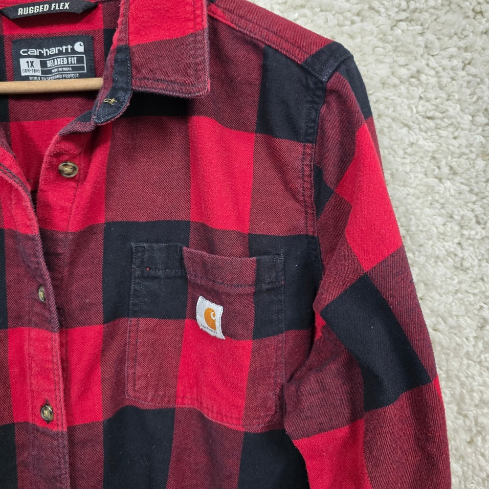 Carhartt Rugged Flex Flannel Shirt Womens 1X Red‎ Black Buffalo Plaid Workwear - Picture 2 of 12